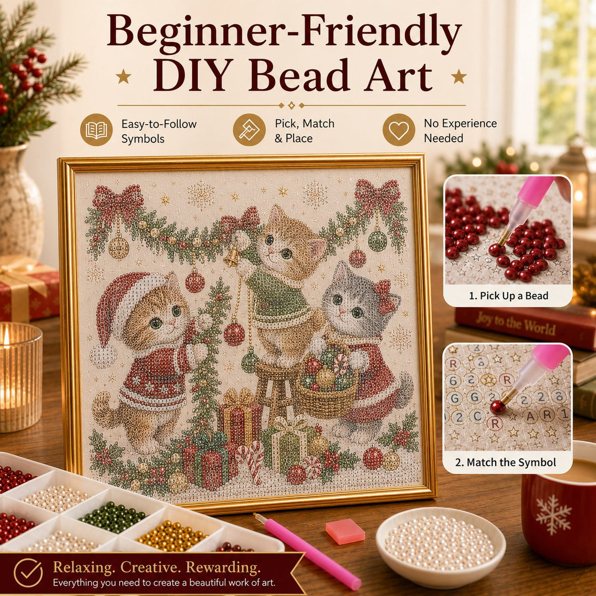 🎄🐾 Premium 3D Pearl Christmas Kitty Art Kit | Luxury Flocked Canvas with Scratch-Resistant Non-Fading Pearl Beads DIY Holiday Decor 🎅🐱❄️