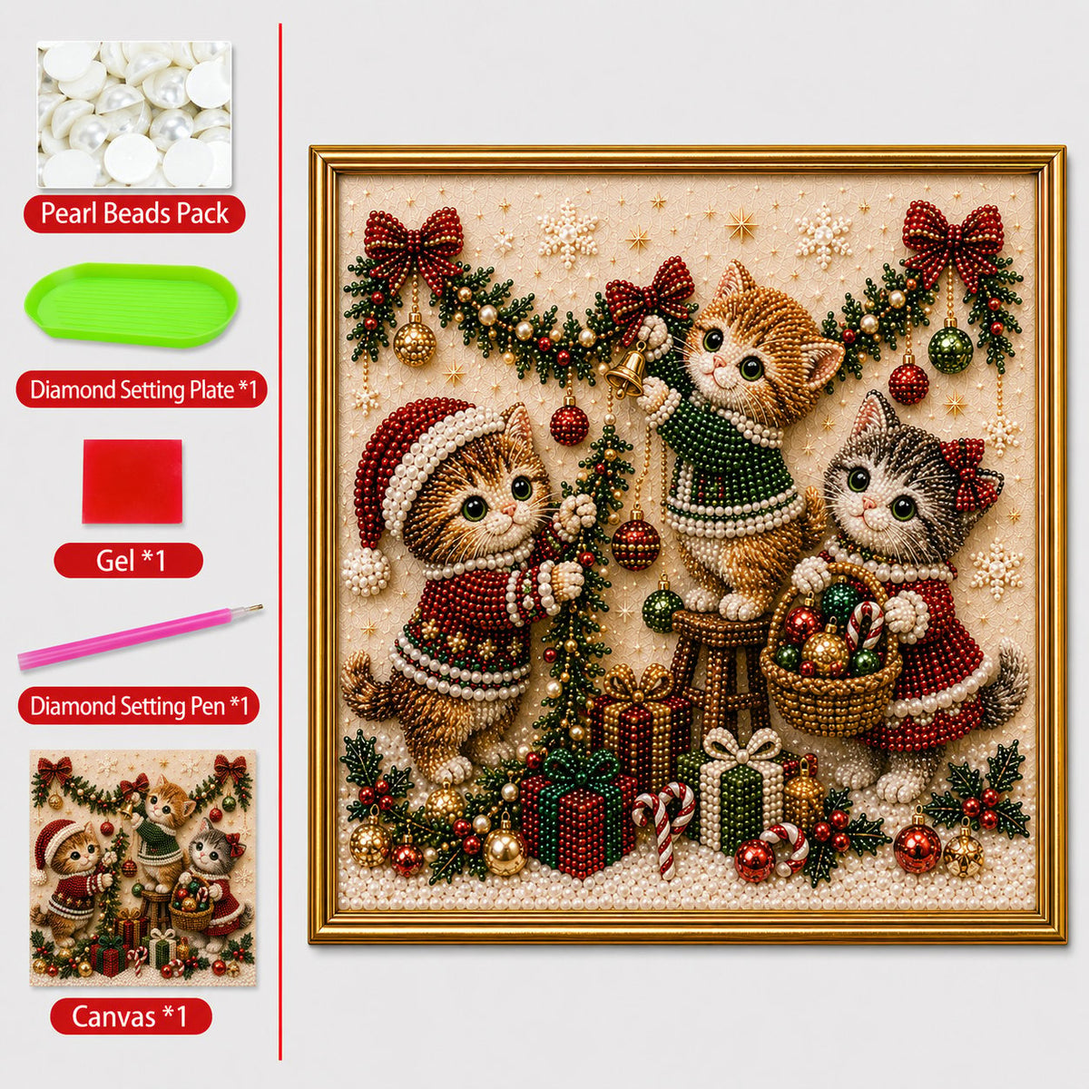 🎄🐾 Premium 3D Pearl Christmas Kitty Art Kit | Luxury Flocked Canvas with Scratch-Resistant Non-Fading Pearl Beads DIY Holiday Decor 🎅🐱❄️