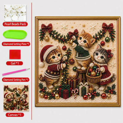 🎄🐾 Premium 3D Pearl Christmas Kitty Art Kit | Luxury Flocked Canvas with Scratch-Resistant Non-Fading Pearl Beads DIY Holiday Decor 🎅🐱❄️