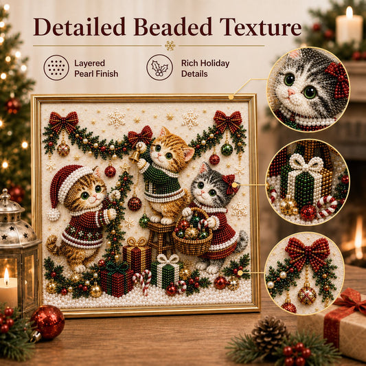🎄🐾 Premium 3D Pearl Christmas Kitty Art Kit | Luxury Flocked Canvas with Scratch-Resistant Non-Fading Pearl Beads DIY Holiday Decor 🎅🐱❄️