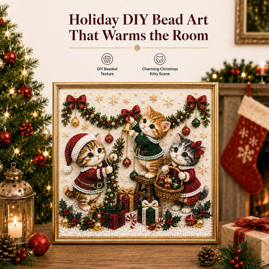 🎄🐾 Premium 3D Pearl Christmas Kitty Art Kit | Luxury Flocked Canvas with Scratch-Resistant Non-Fading Pearl Beads DIY Holiday Decor 🎅🐱❄️