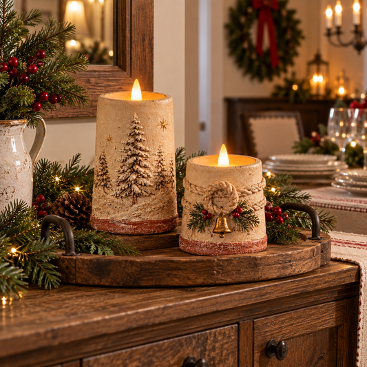 Rustic Christmas Flameless LED Candle Decor Set of 2