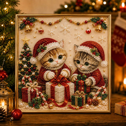 🎄🐾 Premium 3D Pearl Christmas Kitty Art Kit | Luxury Flocked Canvas with Scratch-Resistant Non-Fading Pearl Beads DIY Holiday Decor 🎅🐱❄️