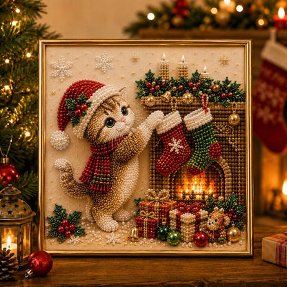 🎄🐾 Premium 3D Pearl Christmas Kitty Art Kit | Luxury Flocked Canvas with Scratch-Resistant Non-Fading Pearl Beads DIY Holiday Decor 🎅🐱❄️