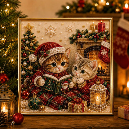 🎄🐾 Premium 3D Pearl Christmas Kitty Art Kit | Luxury Flocked Canvas with Scratch-Resistant Non-Fading Pearl Beads DIY Holiday Decor 🎅🐱❄️